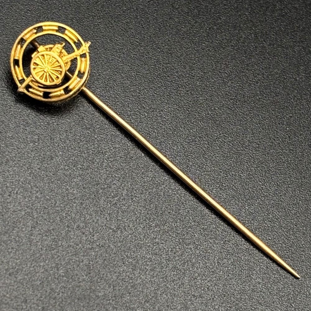 Vintage French Stick Pin Gold Plated Cannon Artillery Military Motif Signed FIX